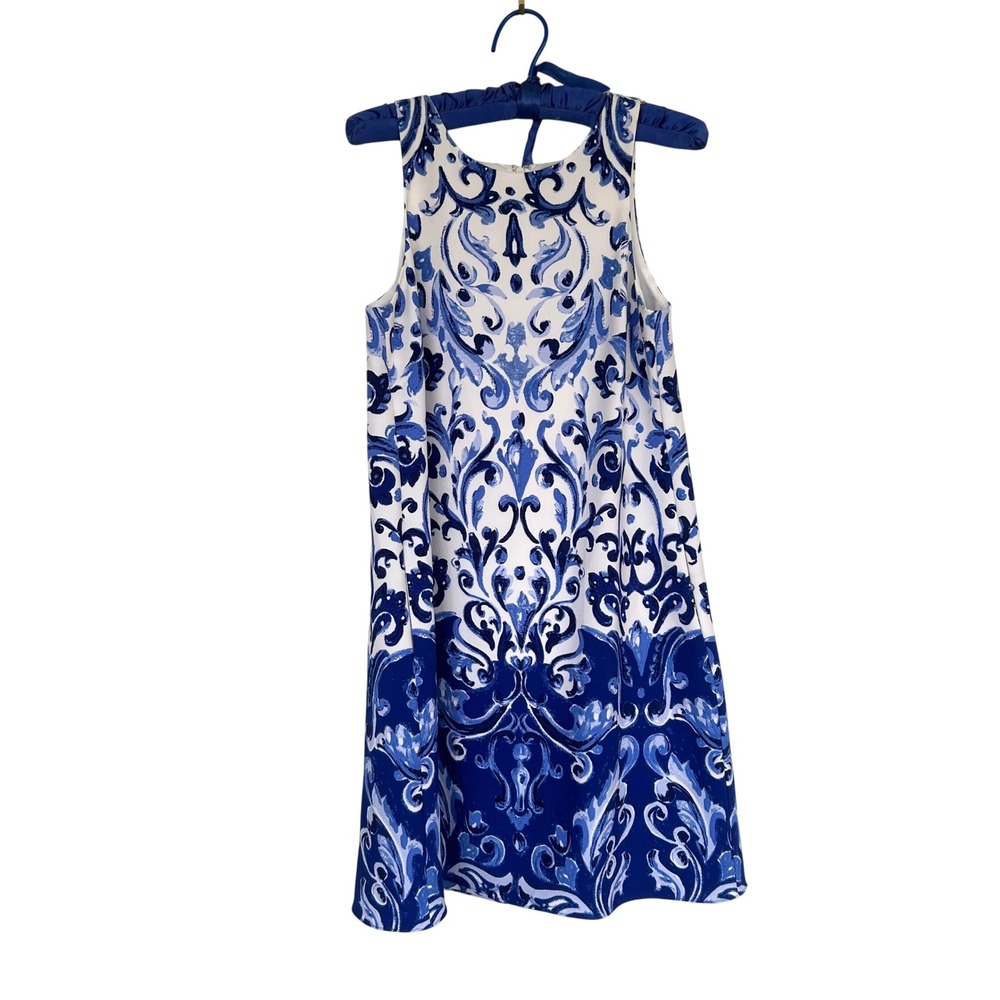 Lauren Ralph Lauren Dress Womens 2 Blue White Damask Scroll Print Sleeveless Zip - Picture 4 of 9